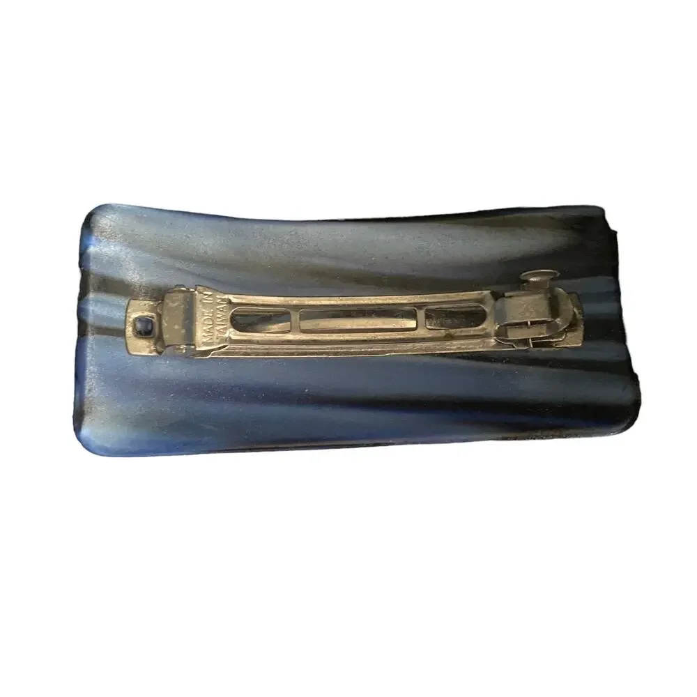 Vintage Rectangular Shaped Blue Stroke Brush Print Hair Barrette faux Stone blue